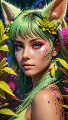 1girl,solo,long hair,looking at viewer,bangs,hair ornament,animal ears,bare shoulders,jewelry,closed mouth,green eyes,upper body,flower,earrings,green hair,artist name,cat ears,hair flower,from side,lips,animal ear fluff,fox ears,eyelashes,makeup,leaf,facial mark,portrait,extra ears,eyeshadow,freckles,realistic,nose,eyeliner,facepaint,mascara,sleeveless,shiny,looking to the side,plant,light particles,pink lips,paint splatter