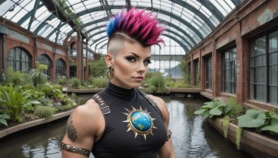 1girl,solo,breasts,looking at viewer,short hair,shirt,bare shoulders,brown eyes,jewelry,medium breasts,closed mouth,blue hair,upper body,pink hair,multicolored hair,earrings,sleeveless,day,water,two-tone hair,lips,black shirt,window,sleeveless shirt,tattoo,makeup,muscular,scar,piercing,plant,ear piercing,armband,scar on face,armlet,eyeshadow,reflection,realistic,nose,muscular female,eyeliner,arm tattoo,very short hair,leather,shoulder tattoo,undercut,mascara,mohawk,nose piercing,eyebrow cut,indoors,spiked hair,hoop earrings,lily pad