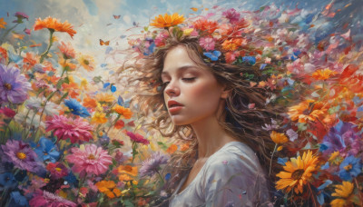 1girl, solo, long hair, brown hair, shirt, hair ornament, closed eyes, upper body, flower, parted lips, sky, day, cloud, hair flower, lips, bug, realistic, yellow flower, nose, orange flower