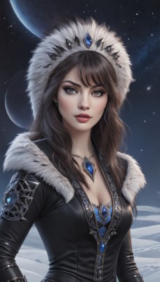 1girl,solo,long hair,breasts,looking at viewer,brown hair,cleavage,brown eyes,jewelry,medium breasts,jacket,upper body,parted lips,sky,signature,hood,necklace,lips,coat,fur trim,eyelashes,makeup,night,watermark,moon,crown,gem,star (sky),night sky,snow,pendant,starry sky,freckles,realistic,nose,red lips,bangs,black hair,lipstick