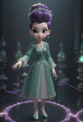 1girl,solo,breasts,looking at viewer,long sleeves,dress,jewelry,green eyes,standing,full body,purple hair,earrings,small breasts,shoes,indoors,necklace,hair bun,blurry,high heels,makeup,blurry background,single hair bun,tiara,aged down,crown,lipstick,child,green dress,red lips,female child,hair up,hair slicked back,hair pulled back,updo,princess,aqua dress,short hair,hair ornament,holding,cleavage,medium breasts,closed mouth,artist name,lips,sparkle,watermark,cross,green footwear,spotlight