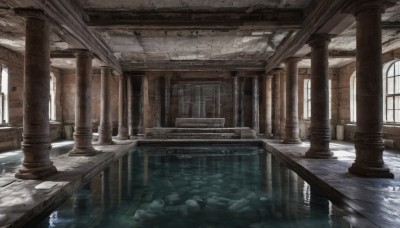 day,indoors,water,no humans,window,sunlight,scenery,reflection,stairs,architecture,ruins,bridge,pillar,arch,column,building,wooden floor,rock,railing,stone