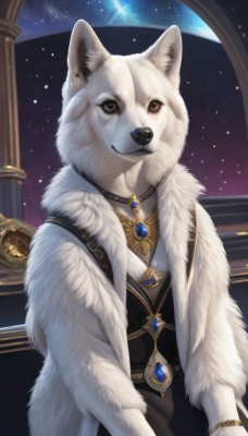 solo,looking at viewer,brown eyes,jewelry,sky,necklace,vest,bracelet,coat,no humans,night,animal,brooch,gem,star (sky),night sky,furry,pendant,starry sky,dog,animal focus,white fur,fur,blue gemstone,fluffy,1girl,breasts,smile,dress,closed mouth,upper body,fur trim,fur collar,space,pillar,wolf