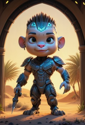 solo,looking at viewer,smile,short hair,black hair,1boy,holding,animal ears,jewelry,closed mouth,green eyes,standing,full body,weapon,male focus,earrings,outdoors,artist name,chibi,holding weapon,armor,mole,tree,lips,fingernails,gun,glowing,ring,knife,shoulder armor,furry,handgun,backlighting,freckles,sand,palm tree,furry male,male child,desert,1girl,brown eyes,yellow eyes,teeth,dark skin,mole under eye,tattoo,colored skin,grass,holding gun,claws,rock,armored boots,mohawk