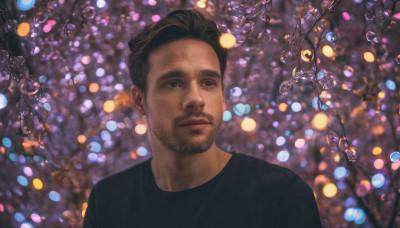 solo, short hair, brown hair, shirt, 1boy, upper body, male focus, blurry, black shirt, blurry background, facial hair, beard, realistic, stubble