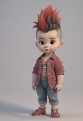 solo,looking at viewer,simple background,shirt,black hair,1boy,jewelry,standing,jacket,full body,male focus,red hair,multicolored hair,earrings,open clothes,shoes,pants,grey background,chibi,black eyes,two-tone hair,shadow,denim,red footwear,red shirt,child,red jacket,jeans,male child,mohawk,1girl,white background,no humans