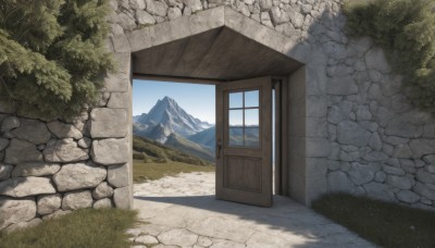 outdoors,sky,day,cloud,tree,blue sky,no humans,window,shadow,grass,plant,building,nature,scenery,rock,mountain,door,road,bush,wall,house,path,stone wall,landscape