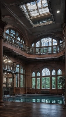 day,indoors,water,tree,no humans,window,sunlight,building,scenery,reflection,stairs,railing,architecture,bridge,pillar,church,arch,reflective floor,sky,cloud,plant,wooden floor,fantasy,ceiling