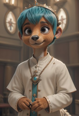 solo,looking at viewer,smile,short hair,long sleeves,1boy,animal ears,brown eyes,jewelry,closed mouth,blue hair,upper body,male focus,earrings,indoors,necklace,blurry,black eyes,blurry background,ring,crown,child,furry,furry male,male child,necktie,artist name,:3,tiara,gem,freckles,realistic,clock