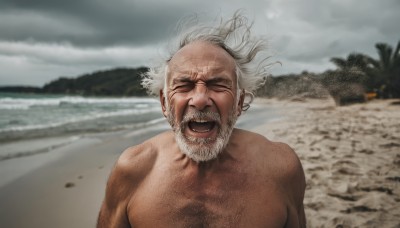 solo,open mouth,1boy,closed eyes,upper body,white hair,grey hair,male focus,outdoors,sky,teeth,day,cloud,blurry,tree,blurry background,facial hair,ocean,beach,parody,cloudy sky,facing viewer,beard,topless male,realistic,mustache,sand,palm tree,old,old man,wrinkled skin,smile,:d,nude,water,floating hair,happy,wind,messy hair,meme,horizon,laughing,chest hair,waves,photo background,grey sky