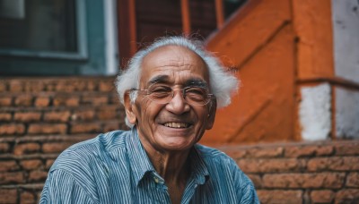 solo,smile,shirt,1boy,closed eyes,upper body,white hair,grey hair,male focus,outdoors,glasses,teeth,striped,collared shirt,grin,blurry,blurry background,blue shirt,facing viewer,vertical stripes,meme,striped shirt,realistic,bald,old,old man,vertical-striped shirt,old woman,wrinkled skin