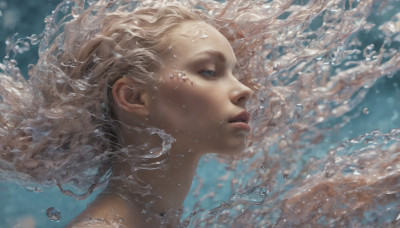 1girl, solo, blue eyes, blonde hair, parted lips, water, from side, lips, profile, portrait, freckles, underwater, realistic, nose