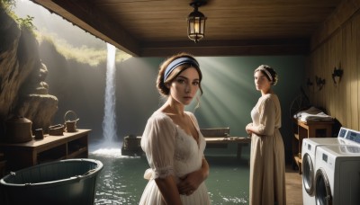 1girl,breasts,looking at viewer,short hair,multiple girls,brown hair,black hair,dress,2girls,brown eyes,standing,hairband,indoors,dark skin,water,white dress,dark-skinned female,sunlight,ground vehicle,scenery,motor vehicle,reflection,light rays,realistic,car,lamp,watercraft,waterfall,boat,lips,lantern,fine art parody,kettle