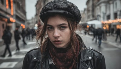 1girl,solo,long hair,looking at viewer,brown hair,hat,brown eyes,closed mouth,jacket,upper body,earrings,outdoors,solo focus,scarf,blurry,lips,black jacket,black headwear,depth of field,blurry background,beret,ground vehicle,motor vehicle,freckles,red scarf,city,realistic,nose,car,road,leather,street,leather jacket,people,parted lips,day,thick eyebrows,portrait,cabbie hat,bokeh