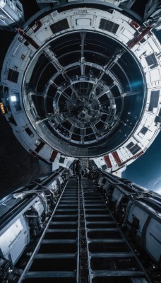 solo,sky,signature,no humans,from below,star (sky),scenery,starry sky,science fiction,stairs,space,planet,spacecraft,spacesuit,1girl,long hair,standing,machinery,wide shot,astronaut