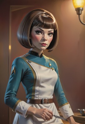 1girl,solo,breasts,looking at viewer,blush,short hair,bangs,brown hair,long sleeves,dress,holding,brown eyes,closed mouth,standing,small breasts,shiny,belt,indoors,blunt bangs,uniform,apron,lips,makeup,bob cut,knife,lipstick,white apron,nose,red lips,brown belt,lamp,black hair,medium breasts,black eyes,eyelashes,eyeliner