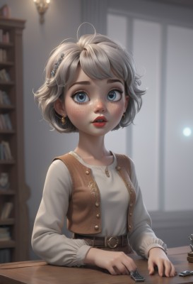 1girl,solo,breasts,looking at viewer,short hair,bangs,blue eyes,shirt,hair ornament,long sleeves,jewelry,white shirt,upper body,white hair,grey hair,earrings,small breasts,parted lips,teeth,hairclip,belt,artist name,indoors,blurry,vest,lips,book,eyelashes,makeup,depth of field,blurry background,table,lipstick,freckles,nose,bookshelf,red lips,brown belt,brown vest,wooden table,skirt,blonde hair,sitting,jacket,open clothes,nail polish,open jacket,window,watermark,thick eyebrows,cropped jacket,brown jacket,realistic,lamp