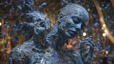 solo,1boy,closed mouth,closed eyes,upper body,male focus,hand up,blurry,from side,profile,depth of field,blurry background,colored skin,portrait,science fiction,blue skin,alien,short hair,holding,armor,realistic,grey skin,statue