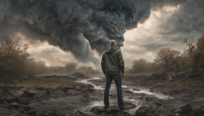 solo, 1boy, male focus, outdoors, sky, pants, cloud, hood, bag, from behind, tree, bird, backpack, cloudy sky, denim, nature, scenery, jeans, rock, bald