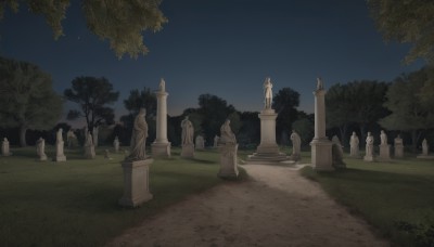 outdoors,sky,tree,no humans,night,grass,star (sky),night sky,scenery,starry sky,bush,pillar,statue,tombstone,path,day,blue sky,stone lantern