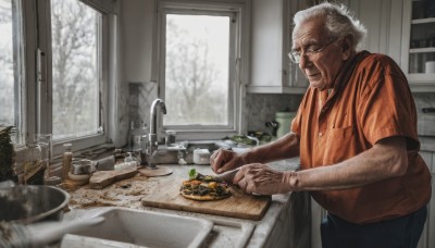 solo,shirt,1boy,holding,jewelry,closed mouth,standing,white hair,short sleeves,grey hair,male focus,food,glasses,indoors,necklace,blurry,tree,window,facial hair,knife,plate,realistic,round eyewear,old,orange shirt,old man,kitchen,vegetable,arm hair,sink,faucet,wrinkled skin,cutting board,short hair,pants,table,plant