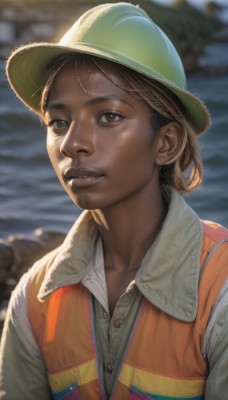 solo,looking at viewer,smile,brown hair,shirt,1boy,hat,brown eyes,white shirt,upper body,male focus,outdoors,parted lips,teeth,day,collared shirt,dark skin,water,blurry,vest,lips,blurry background,dark-skinned male,freckles,realistic,nose,green headwear,depth of field