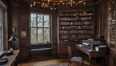 day,indoors,tree,cup,pillow,book,no humans,window,chair,table,plant,instrument,box,scenery,desk,wooden floor,paper,clock,bookshelf,lamp,shelf,book stack,carpet,ceiling light,cabinet,chandelier,bed,couch,snow,winter,bare tree,piano,phonograph