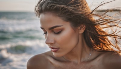 1girl,solo,long hair,brown hair,black hair,bare shoulders,jewelry,collarbone,closed eyes,outdoors,parted lips,teeth,day,water,necklace,blurry,lips,eyelashes,floating hair,depth of field,blurry background,ocean,beach,wind,portrait,realistic,nose,sky,makeup,sunlight,lipstick,eyeshadow