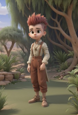 solo,looking at viewer,short hair,shirt,long sleeves,1boy,brown eyes,jewelry,closed mouth,standing,full body,white shirt,male focus,red hair,earrings,boots,outdoors,sky,shoes,day,pants,cloud,necklace,tree,blue sky,shadow,brown footwear,suspenders,grass,spiked hair,child,nature,forest,rock,male child,brown pants,plant