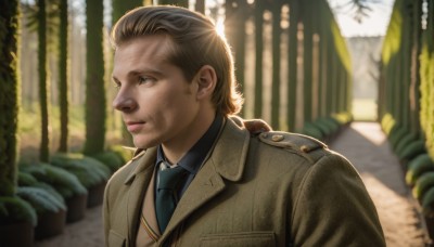 solo,short hair,blue eyes,brown hair,shirt,1boy,closed mouth,jacket,upper body,male focus,outdoors,necktie,day,collared shirt,blurry,uniform,tree,looking to the side,military,military uniform,blurry background,facial hair,nature,beard,forest,brown jacket,blue necktie,realistic,stubble,blonde hair,lips,coat,depth of field,portrait,nose,brown coat