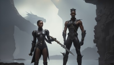 1girl,breasts,short hair,gloves,1boy,holding,bare shoulders,standing,weapon,boots,outdoors,sword,dark skin,holding weapon,armor,dark-skinned female,bodysuit,muscular,glowing,holding sword,dark-skinned male,helmet,shoulder armor,gauntlets,monster,breastplate,dragon,black bodysuit,bald,very short hair,buzz cut,blue eyes,brown hair,red eyes,facial hair,glowing eyes,pauldrons,vambraces,ruins