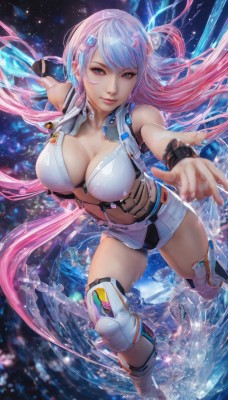 1girl,solo,long hair,breasts,looking at viewer,smile,bangs,blue eyes,large breasts,hair ornament,thighhighs,navel,cleavage,very long hair,blue hair,pink hair,multicolored hair,boots,shorts,midriff,water,two-tone hair,lips,short shorts,gradient hair,wristband,purple eyes,one side up,science fiction,realistic,space