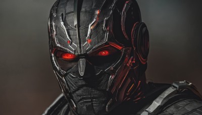 solo,looking at viewer,red eyes,1boy,upper body,male focus,armor,gradient,gradient background,mask,glowing,helmet,portrait,glowing eyes,science fiction,cyborg,power armor,close-up,colored sclera,spot color