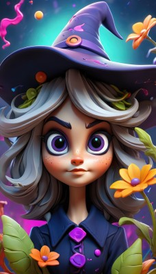 1girl,solo,long hair,looking at viewer,smile,bangs,shirt,hat,closed mouth,purple eyes,upper body,flower,white hair,grey hair,collared shirt,artist name,medium hair,makeup,witch hat,buttons,leaf,thick eyebrows,blue shirt,freckles,yellow flower,witch,blue eyes,hair ornament,necktie,lips,watermark,portrait,web address,nose,purple necktie