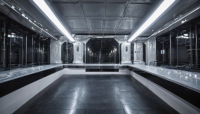 monochrome,greyscale,indoors,no humans,window,scenery,reflection,tiles,light,tile floor,train,ceiling,hallway,ceiling light,train station,railroad tracks,vanishing point,night,door,pillar,reflective floor