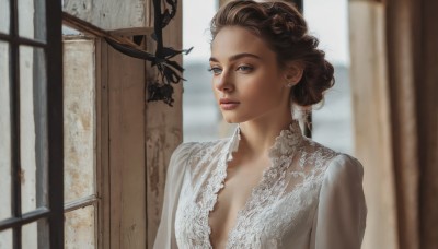 1girl,solo,long hair,breasts,looking at viewer,blue eyes,brown hair,dress,cleavage,jewelry,upper body,braid,earrings,small breasts,parted lips,indoors,hair bun,white dress,blurry,lips,window,blurry background,realistic,nose,closed mouth,day,single hair bun