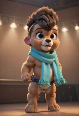 solo,smile,short hair,open mouth,brown hair,1boy,animal ears,brown eyes,green eyes,standing,full body,male focus,nude,penis,belt,artist name,indoors,scarf,testicles,furry,shota,furry male,blue scarf,flaccid,looking at viewer,barefoot,teeth,blurry,watermark,topless male,male child,animal nose,brown fur