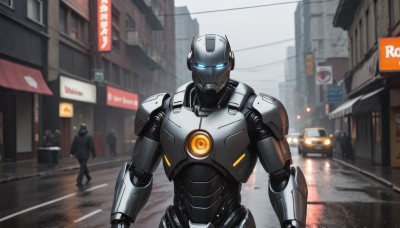 looking at viewer,blue eyes,1boy,male focus,outdoors,multiple boys,solo focus,blurry,blurry background,glowing,robot,ground vehicle,building,mecha,glowing eyes,motor vehicle,walking,science fiction,rain,city,sign,realistic,car,road,police,street,police uniform,road sign,power armor,humanoid robot,traffic light,upper body,armor,multiple others,cyberpunk