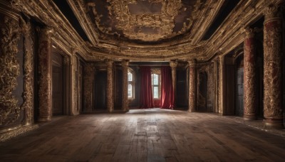 day,indoors,no humans,window,sunlight,curtains,scenery,reflection,light rays,wooden floor,stairs,door,pillar,hallway,carpet,arch,reflective floor,column,fantasy,tiles,tile floor,throne,floor,ceiling