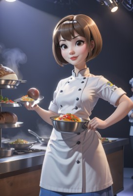 1girl,breasts,smile,short hair,bangs,multiple girls,skirt,brown hair,holding,2girls,brown eyes,closed mouth,standing,short sleeves,cowboy shot,pleated skirt,hairband,food,solo focus,shiny,indoors,uniform,apron,lips,blue skirt,hand on hip,buttons,bob cut,steam,plate,bowl,spoon,double-breasted,holding plate,cooking,ladle,kitchen,holding bowl,chef hat,ceiling light,chef,soup,solo,looking at viewer,blush,jewelry,earrings,red lips,tongs,steak