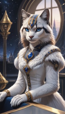 1girl,solo,breasts,looking at viewer,smile,blue eyes,dress,animal ears,jewelry,closed mouth,tail,sky,artist name,indoors,cat ears,signature,white dress,bracelet,fur trim,window,night,cat,cat girl,slit pupils,brooch,gem,star (sky),night sky,claws,furry,starry sky,fur collar,animal hands,furry female,body fur,white fur,fur,animal nose,whiskers,blue gemstone,fluffy,hat,sitting,no humans