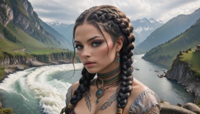 1girl,solo,long hair,breasts,looking at viewer,black hair,cleavage,brown eyes,jewelry,medium breasts,collarbone,upper body,braid,earrings,outdoors,parted lips,sky,choker,day,dark skin,water,necklace,twin braids,lips,grey eyes,eyelashes,tattoo,makeup,portrait,scenery,hair over shoulder,forehead,freckles,rock,mountain,realistic,nose,fantasy,river,waterfall,mountainous horizon,lake,multiple braids,cloud,dark-skinned female,piercing,lipstick,gem,eyeshadow,arm tattoo,mascara,dreadlocks