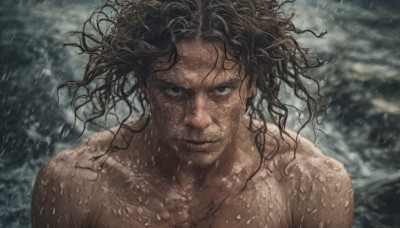 1girl,solo,looking at viewer,brown hair,black hair,1boy,closed mouth,collarbone,upper body,male focus,nude,outdoors,cloud,dark skin,water,black eyes,lips,wet,ocean,cloudy sky,messy hair,portrait,rain,realistic,wet hair,long hair,smile,facial hair