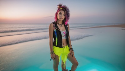 1girl,solo,breasts,looking at viewer,short hair,black hair,hair ornament,navel,cleavage,brown eyes,jewelry,medium breasts,closed mouth,standing,pink hair,purple hair,multicolored hair,earrings,small breasts,outdoors,open clothes,shorts,sleeveless,hairclip,midriff,dark skin,medium hair,water,necklace,nail polish,vest,bracelet,two-tone hair,dark-skinned female,lips,crop top,see-through,gradient hair,ocean,beach,piercing,ring,tank top,ear piercing,wading,realistic,nose,navel piercing,yellow shorts,lip piercing,long hair,hairband,pants,torn clothes,asymmetrical clothes,torn pants,shore