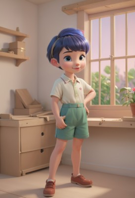 solo,looking at viewer,smile,short hair,bangs,blue eyes,shirt,1boy,closed mouth,blue hair,standing,full body,white shirt,flower,short sleeves,male focus,hairband,shoes,shorts,socks,collared shirt,indoors,lips,hand on hip,window,buttons,brown footwear,plant,box,child,blue shorts,female child,potted plant,male child,green shorts,shelf,kitchen,blush,shadow,sneakers