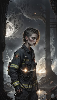 1girl,solo,looking at viewer,short hair,shirt,black hair,gloves,long sleeves,closed mouth,standing,jacket,braid,grey hair,outdoors,sky,black gloves,pants,fingerless gloves,water,uniform,black eyes,lips,grey eyes,military,military uniform,night,scar,black pants,moon,full moon,wading,pocket,realistic,badge,police,dirty,fog,dirty face,flashlight,blonde hair,1boy,male focus,from side,pale skin,police uniform,patch,bulletproof vest