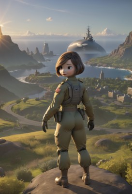 1girl,solo,looking at viewer,smile,short hair,brown hair,gloves,brown eyes,standing,full body,ass,boots,outdoors,sky,black gloves,looking back,cloud,water,from behind,uniform,military,military uniform,ocean,grass,building,scenery,science fiction,pouch,mountain,city,sun,horizon,landscape,spacecraft,spacesuit,bodysuit,sunlight,lake,sunrise,cliff