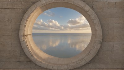 outdoors,sky,day,cloud,blue sky,no humans,sunlight,cloudy sky,scenery,reflection,wall,water,ocean,sun,horizon,brick wall