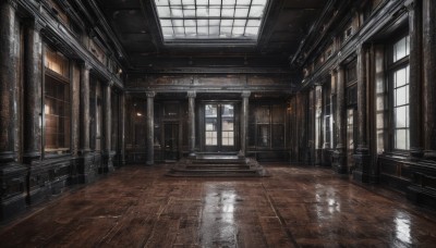 day,indoors,water,no humans,window,sunlight,scenery,reflection,light rays,wooden floor,door,sunbeam,pillar,puddle,hallway,reflective floor,chair,table,rain,tiles,tile floor,ceiling,ceiling light