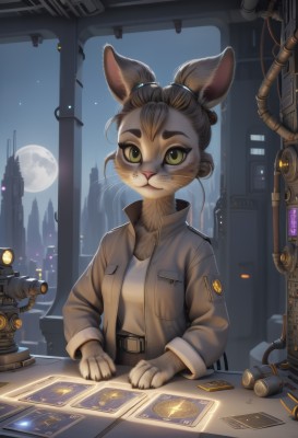 1girl,solo,breasts,looking at viewer,smile,short hair,brown hair,shirt,long sleeves,animal ears,sitting,closed mouth,green eyes,jacket,white shirt,upper body,grey hair,open clothes,sky,belt,pants,artist name,indoors,cat ears,signature,open jacket,window,:3,night,moon,robot,building,night sky,furry,full moon,science fiction,brown jacket,city,card,grey jacket,furry female,cityscape,body fur,animal nose,skyscraper,whiskers,snout,table,pocket